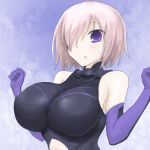  1girl bare_shoulders blush breasts fate_(series) gloves hair_over_one_eye impossible_clothes large_breasts leotard looking_at_viewer navel_cutout open_mouth oro_(zetsubou_girl) purple_gloves purple_hair shielder_(fate/grand_order) short_hair solo upper_body violet_eyes 