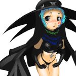  1girl atlus black_panties blue_hair blush cape cosplay cross gloves grey_eyes hat lowres midriff navel panties persona persona_3 scathach scathach_(cosplay) solo underwear witch yamagishi_fuuka 