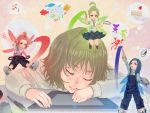  art_brush blue_hair brown_hair brush closed_eyes green_hair highres honoji minigirl oekaki_girl oekaki_musume original paintbrush redhead sleeping tablet wacom 