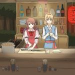  2girls alice_margatroid apron bottle chopsticks cooking daikon dishes eel female food_stand forest grill kitchen_knife lantern multiple_girls mystia_lorelei nature paper_lantern pot sleeves_rolled_up torinone touhou wings 