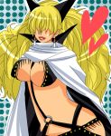  1girl bad_id bangs blonde_hair breasts candle cape chiroru_shimai cleavage cloak earrings female fringe hair_over_eyes heart horns impel_down jewelry lipstick makeup one_piece polka_dot polka_dot_background revealing_clothes sadi-chan solo 