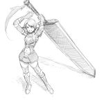 90s armor artist_request berserk dragonslayer_(sword) fishnets huge_weapon monochrome short_hair sword thigh-highs weapon 