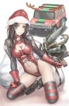  1girl antlers black_hair bodysuit boots breasts christmas christmas_elf cleavage cleavage_cutout elf gloves ground_vehicle hat hummer kuratch leather midriff motor_vehicle navel one-piece_swimsuit original pointy_ears red_leather rocket_launcher rpg_(weapon) sack santa_hat skin_tight solo squatting striped striped_legwear swimsuit thigh-highs vehicle weapon yellow_eyes zipper 