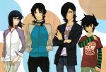  4boys absurdres allelujah_haptism glasses gundam gundam_00 highres kouga_yun lockon_stratos multiple_boys official_art raglan_sleeves scan setsuna_f_seiei tieria_erde 