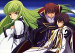  1girl 2boys absurdres black_hair brown_hair c.c. closed_eyes code_geass green_eyes green_hair highres kururugi_suzaku lelouch_lamperouge long_hair multiple_boys short_hair tabata_hisayuki zero_(code_geass) 