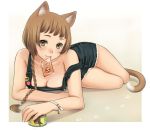  1girl animal_ears bare_shoulders bell biting blush bracelet braid brown_hair can cat_ears cat_tail jewelry luna2 lying mole mole_on_breast original overalls ponytail short_hair solo tail thighs yellow_eyes 