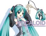  1girl amino amino_kohaku aqua_eyes aqua_hair chibi detached_sleeves hands_on_headphones hatsune_miku headphones microphone microphone_stand singing thigh-highs twintails vocaloid 