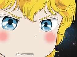  1boy blonde_hair blue_eyes blush face ginga_eiyuu_densetsu gununu male_focus reinhard_von_lohengramm short_hair solo space 