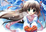  1girl absurdres brown_hair gift green_eyes hair_ribbon highres holding holding_gift incoming_gift long_hair mitsui_mana ribbon scarf snow solo valentine 
