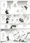  2girls asagami_fujino chibi comic eye_beam highres kara_no_kyoukai kieyza long_hair marvel monochrome multiple_girls parody pose purple_hair ryougi_shiki seikan_hikou simple_background smile star translated x-men 