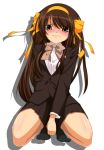  alternate_costume alternate_hairstyle blazer blush brown_hair hair_ribbon hairband lappingman long_hair ribbon school_uniform squatting suzumiya_haruhi suzumiya_haruhi_no_shoushitsu suzumiya_haruhi_no_yuuutsu yellow_eyes 