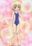  1girl barefoot blonde_hair child feet female hairband highres higurashi_no_naku_koro_ni houjou_satoko one-piece_swimsuit red_eyes screencap short_hair solo stitched swimsuit 