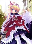  1girl absurdres blonde_hair blue_eyes copyright_request dress female frills garters hairband highres japanese_clothes lace lolita_fashion nimura_yuuji ribbon snow solo thigh-highs too_many wa_lolita 