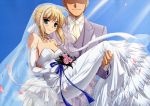  1boy 1girl absurdres ahoge bare_shoulders blonde_hair blush breasts bride carrying cleavage dress elbow_gloves faceless faceless_male fate/stay_night fate_(series) flower gloves green_eyes highres ishii_kumi princess_carry rose saber solo_focus strapless strapless_dress wedding wedding_dress 