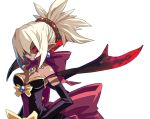  1girl black_sclera blonde_hair bow dark_skin demon_girl disgaea dress harada_takehito jewelry makai_senki_disgaea_2 nippon_ichi pointy_ears red_eyes rozalin silver_hair solo strapless_dress tan_skin white_hair wings yellow_bow zenon zenon_(disgaea) 