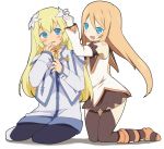  2girls blonde_hair blue_eyes blush boots brown_hair collet_brunel detached_sleeves flower hair_flower hair_ornament kl knee_boots kneeling long_hair marta_lualdi multiple_girls pantyhose sitting tales_of_(series) tales_of_symphonia tales_of_symphonia_knight_of_ratatosk thigh-highs 