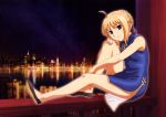 absurdres ahoge bare_shoulders blonde_hair china_dress chinese_clothes city cityscape dress fate/stay_night fate_(series) flats hair_ribbon hashimoto_hideki highres ribbon saber short_hair sitting type-moon 