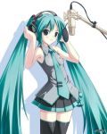  1girl amino amino_kohaku aqua_eyes aqua_hair hands_on_headphones hatsune_miku headphones microphone microphone_stand solo thigh-highs twintails vocaloid 