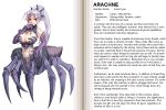  1girl arachne arachne_(mamono_girl_lover) arachne_(monster_girl_encyclopedia) blush breasts character_profile cleavage elbow_gloves english gloves hard_translated insect_girl kenkou_cross large_breasts long_hair mamono_girl_lover midriff monster_girl monster_girl_encyclopedia pointy_ears ponytail red_eyes silver_hair solo spider spider_girl text translated 