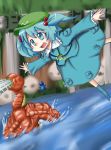  1girl :d alien_soldier aruse_yuushi blue_dress crossover dress flat_cap gusthead hair_bobbles hair_ornament hat kawashiro_nitori long_sleeves open_mouth pocket river smile solo touhou two_side_up water 