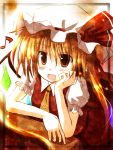  1girl blonde_hair female flandre_scarlet hand_on_own_cheek hand_on_own_face mashayuki musical_note solo touhou wings 