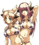  2girls alternate_color animal_ears armpits arms_up bell bell_collar blonde_hair breasts cleavage collar cow_bell cow_ears cow_girl cow_print green_eyes hisahiko horns kusuha_mizuha long_hair multiple_girls setsuko_ohara short_hair super_robot_wars 