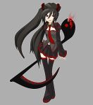  artist_request black_hair detached_sleeves headphones highres long_hair musical_note necktie red_eyes scythe smile thigh-highs twintails very_long_hair vocaloid zatsune_miku 