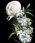  1boy black casshern_(series) casshern_sins dio flower formal lily_(flower) male_focus scar solo suit white_hair zuwai_kani 