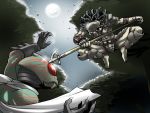  1boy battle combistaff crossover highres kamen_rider kamen_rider_amazon kamen_rider_amazon_(series) male polearm predator predator_(movie) tsuki_wani weapon 