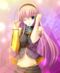  blue_eyes hairband hand)on headphones long_hair megurine_luka navel pink_hair takepon vocaloid wink 