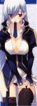  1girl absurdres blue_hair blush breasts cleavage elf garter_belt highres kimi_ga_yobu_megiddo_no_oka_de large_breasts long_hair long_image mouth_hold nakamura_takeshi natas pointy_ears solo stick_poster tall_image thigh-highs violet_eyes 