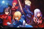  5girls absurdres adjusting_clothes adjusting_gloves armor bazett_fraga_mcremitz blonde_hair blood breasts capcom cleavage dark_excalibur dark_sakura excalibur fate/stay_night fate/unlimited_codes fate_(series) fragarach gloves glowing glowing_sword glowing_weapon highres kotomine_kirei large_breasts matou_sakura medium_breasts multiple_girls official_art saber saber_alter scan sword takeuchi_takashi tohsaka_rin weapon 