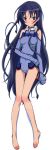  1girl absurdres alternate_hairstyle bangs bare_shoulders barefoot blue_eyes blue_gloves blue_hair blush body_blush breasts dakimakura elbow_gloves feet from_above full_body gloves hair_down halterneck highres holding ichijou_eika iizuka_haruko knees_together_feet_apart leotard light_smile long_hair long_image long_legs looking_at_viewer lying official_art on_back parted_bangs pilot_suit ribbon scan shadow simple_background sky_girls small_breasts smile solo tall_image thigh_gap turtleneck unzipped very_long_hair violet_eyes white_background zipper 