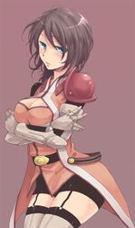  1girl alternate_costume aqua_eyes bad_id breast_hold breasts brown_background brown_hair crossed_arms female gauntlets genderswap genderswap_(mtf) large_breasts okmr raven_(tov) schwann_oltorain short_hair solo surcoat tales_of_(series) tales_of_vesperia thigh-highs 