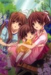  3girls absurdres antenna_hair bench brown_eyes brown_hair casual clannad family flower footwear furukawa_nagisa furukawa_sanae hair_ribbon highres hug ikeda_kazumi kneehighs kneeling long_hair megami multiple_girls official_art okazaki_ushio open_mouth park_bench pink_dress ponytail ribbon shoes short_hair sitting_on_lap smile socks very_long_hair white_legwear 