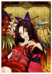  1girl absurdres black_hair flower highres japanese_clothes long_hair red_eyes redjuice solo 