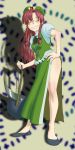  1girl braid chains china_dress chinese_clothes dress female full_body highres hong_meiling kama_(weapon) kusarigama legs long_hair long_image redhead rokusho sickle sickle_and_chain smile solo tall_image the_embodiment_of_scarlet_devil touhou weapon 