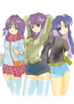  3girls absurdres blue_eyes blue_hair casual clannad fujibayashi_kyou fujibayashi_ryou highres hoshino_koe ichinose_kotomi long_hair multiple_girls purple_hair scarf short_hair siblings sisters thigh-highs twins twintails violet_eyes 