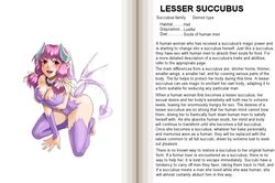  1girl barefoot character_profile collar demon demon_girl english fur hard_translated horns kenkou_cross lesser_succubus mamono_girl_lover monster_girl monster_girl_encyclopedia pink_hair purple_hair red_eyes solo succubus tail translated wings 