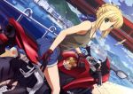  1girl abe_tatsuya absurdres ahoge bird blonde_hair bridge casual denim denim_shorts dutch_angle fate/stay_night fate_(series) gloves green_eyes ground_vehicle highres lion looking_back motor_vehicle motorcycle river saber seagull shorts solo tank_top type-moon vehicle water 