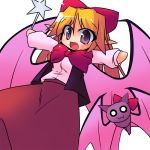  1girl :3 bat_wings blonde_hair bow elis_(touhou) female highly_responsive_to_prayers long_hair open_mouth pointy_ears solo touhou touhou_(pc-98) tsuboraa vest violet_eyes wand wings 