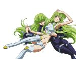  2girls absurdres armpits bare_shoulders boots c.c. code_geass dual_persona green_hair hand_holding highres long_hair midriff multiple_girls smirk thigh-highs thigh_boots time_paradox transparent_background vector_trace white_legwear yellow_eyes 