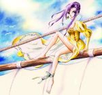  1girl bad_anatomy bad_feet bad_id barefoot breasts cleavage dress earrings faris_scherwiz feet female final_fantasy final_fantasy_v franca-blanca full_body green_eyes hair_bun jewelry medium_breasts outdoors poorly_drawn purple_hair sail sarisa_highwind_tycoon sky solo thighs 