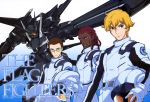  3boys absurdres arisawa_hiroshi blonde_hair brown_hair daryl_dodge flag_custom glasses graham_aker green_eyes gundam gundam_00 helmet highres howard_mason male_focus mecha multiple_boys official_art union_flag 