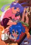  2girls :3 absurdres ahoge alternate_hairstyle barefoot blue_eyes blue_hair casual cat cathead green_eyes highres hiiragi_kagami izumi_konata leaf long_hair lucky_star lying megami multiple_girls nyamou on_back on_stomach ponytail purple_hair ribbon scan skirt smile takahashi_mariko twintails very_long_hair yoshimizu_kagami_(cat) 