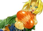  1girl 90s aqua_eyes bare_shoulders belt blonde_hair blue_eyes blue_mary breasts bursting_breasts denim erect_nipples fang fatal_fury halter_top halterneck jeans king_of_fighters kotobuki_tsukasa large_breasts midriff naughty_face navel navel_piercing nipples open_clothes open_mouth panties pants piercing shirt skin_tight smile snk solo taut_clothes taut_shirt the_king_of_fighters torn_clothes underwear undressing unzipped 