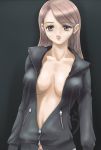  breasts brown_eyes brown_hair center_opening cleavage large_breasts long_hair open_clothes open_shirt open_zipper rasukaru shirt smile unzipped zipper 