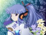  1girl blue_hair cosplay fan flower furude_rika headphones higurashi_no_naku_koro_ni japanese_clothes kamui_gakupo kamui_gakupo_(cosplay) long_hair mako_(mofuncho) md5_mismatch microphone ponytail ribbon solo violet_eyes vocaloid 