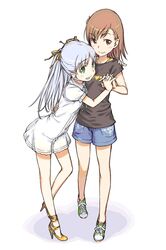  2girls blue_hair blush brown_eyes brown_hair dress female green_eyes haimura_kiyotaka hair_ribbon hand_holding heart high_heels hug index leaning_forward long_hair misaka_mikoto multiple_girls ribbon sandals see-through shoes short_hair shorts smile sneakers to_aru_kagaku_no_railgun to_aru_majutsu_no_index twintails yuri 