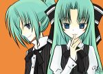  2girls blue_eyes green_hair higurashi_no_naku_koro_ni long_hair lowres multiple_girls ponytail ribbon siblings sisters sonozaki_mion sonozaki_shion twins 